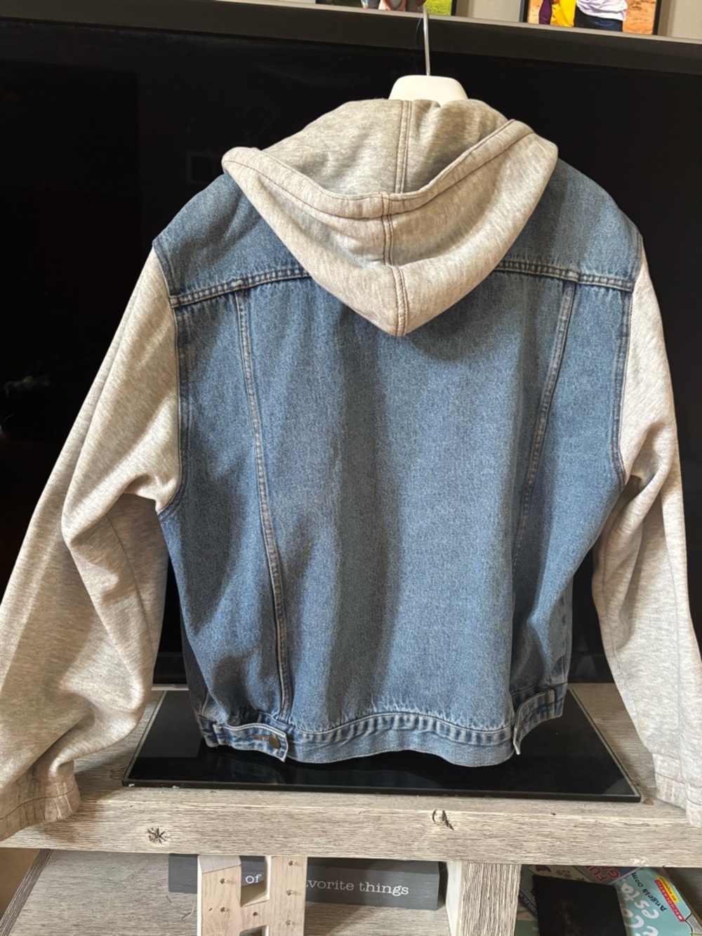 Light Blue Denim Bomber Jacket with Gray Hoodie - Picture 3 of 7